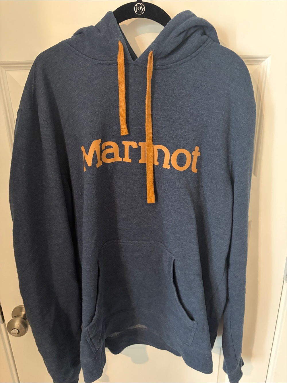Marmot Blue Pullover Hoodie with Gold Logo and Drawstrings